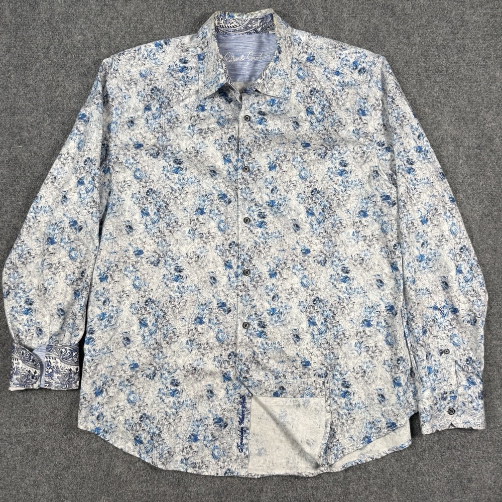 Robert Graham Shirt Mens XL Classic Fit Blue White Floral Paisley Flip Cuffs